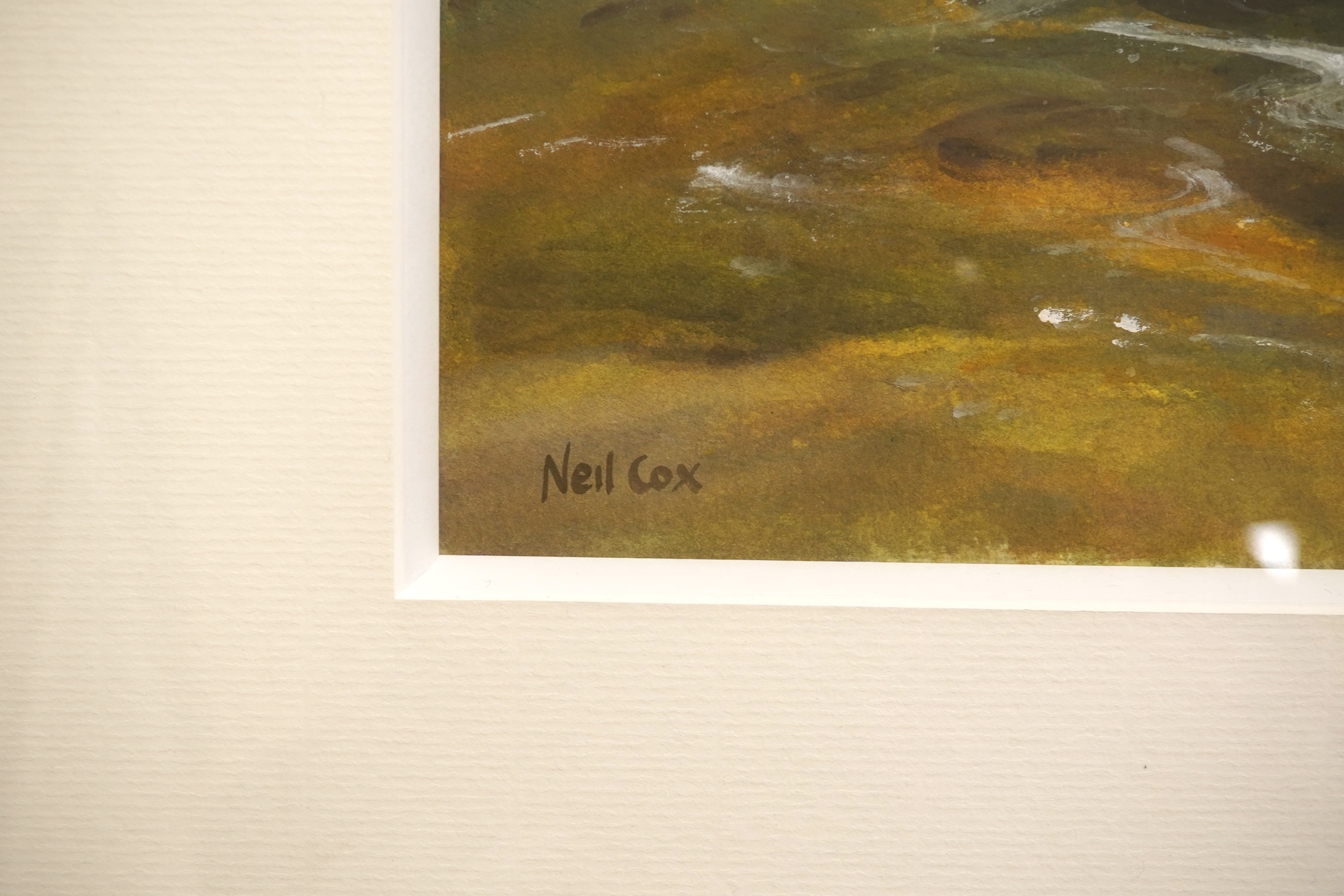 Neil Cox (b.1955), Study of a kingfisher beside a waterfall, signed, watercolour, 35 x 45cm